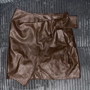 Brown Faux Leather Wrap Mini Skirt with Self-Tie Belt